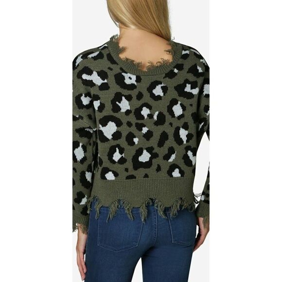 Polly & Esther Sweater Top Women's LARGE Green Black Destructed Cropped Frayed - Picture 10 of 12